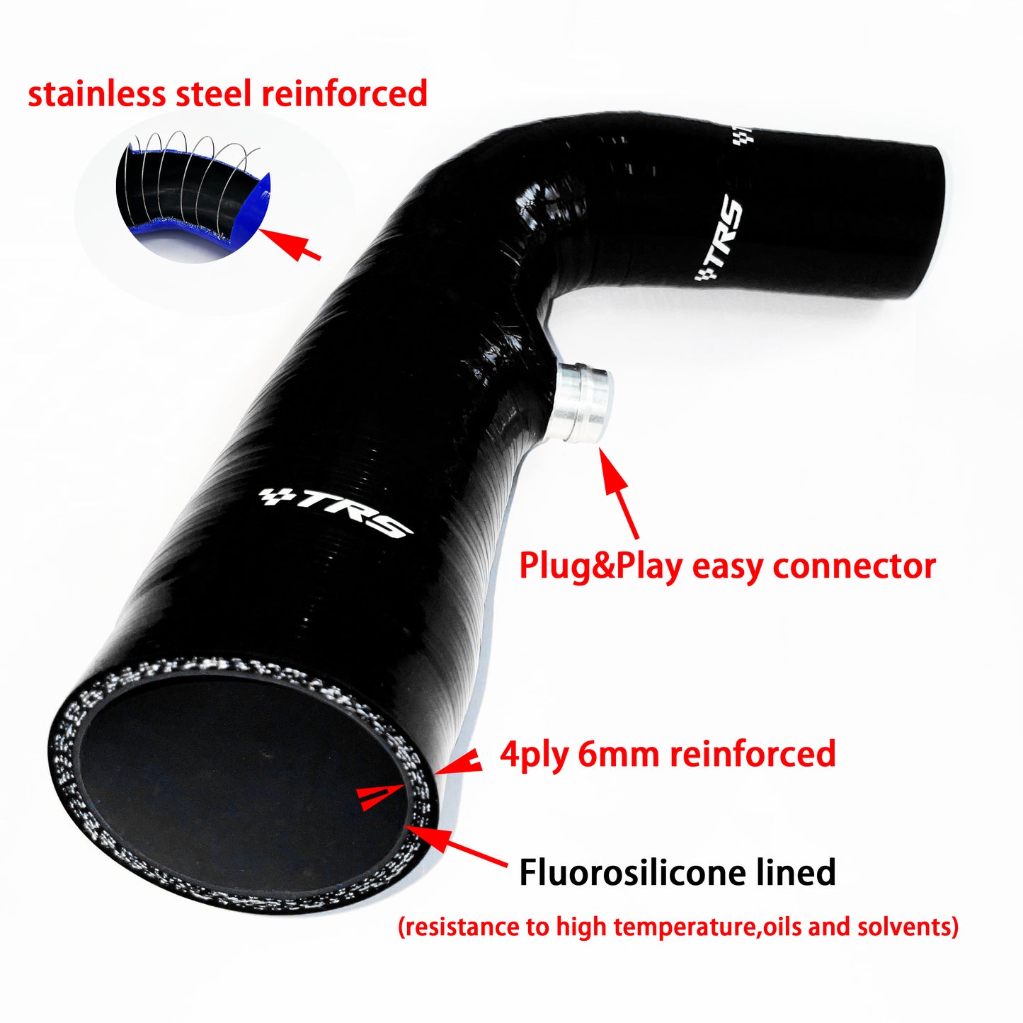 Fluorosilicone Reinforced Turbo Intake Hose Compatible with Ford Fiesta Mk7 Mk8 and Focus 1.0T Ecoboost 2012-2016 BLACK